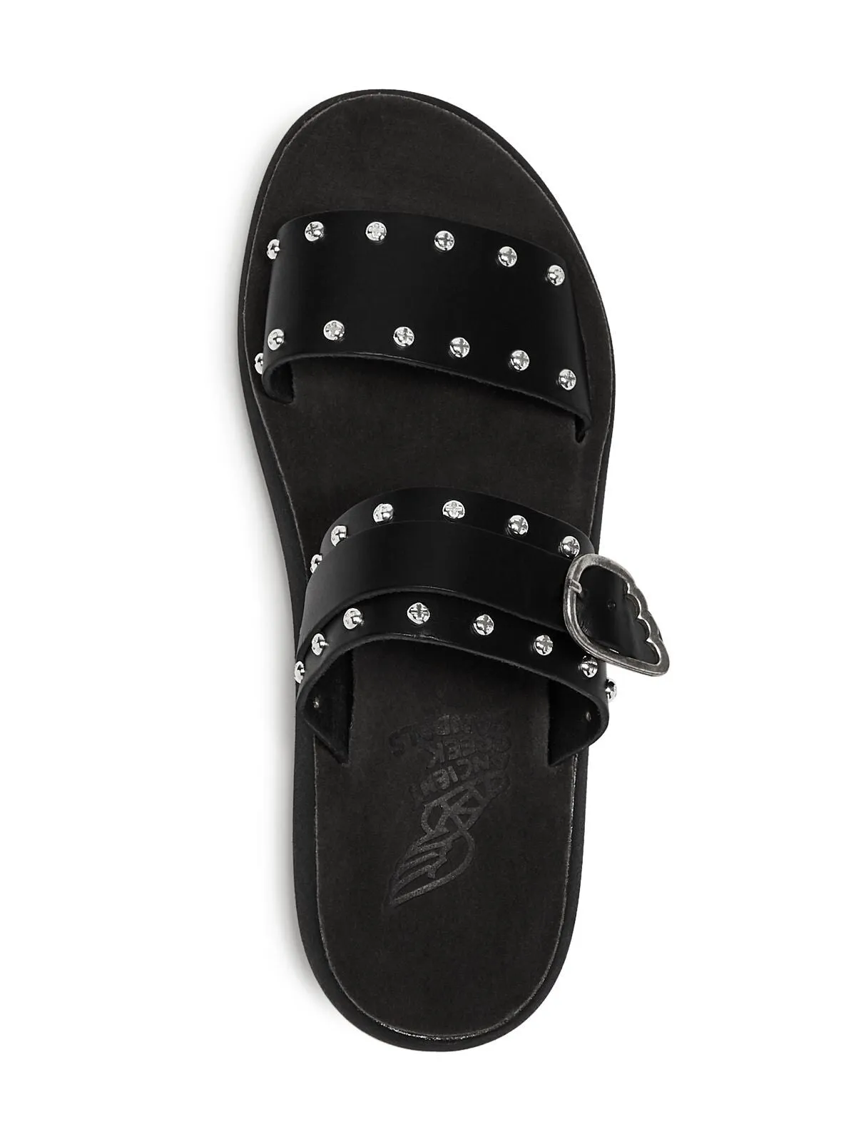 ANCIENT GREEK SANDALS Womens Black Buckle Accent Studded Preveza Round Toe Wedge Slip On Leather Slide Sandals Shoes