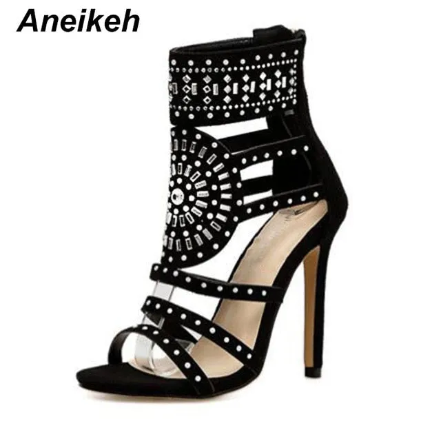 Aneiken Fashion Open Toe Rhinestone Design High Heel Sandals Crystal Ankle Wrap Glitter Diamond Gladiator Black Size 35-42