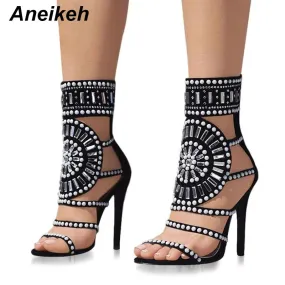 Aneiken Fashion Open Toe Rhinestone Design High Heel Sandals Crystal Ankle Wrap Glitter Diamond Gladiator Black Size 35-42