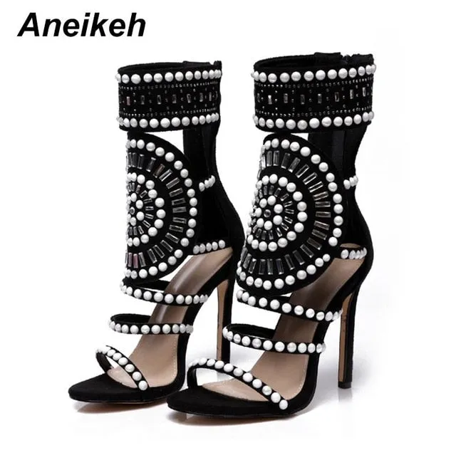 Aneiken Fashion Open Toe Rhinestone Design High Heel Sandals Crystal Ankle Wrap Glitter Diamond Gladiator Black Size 35-42