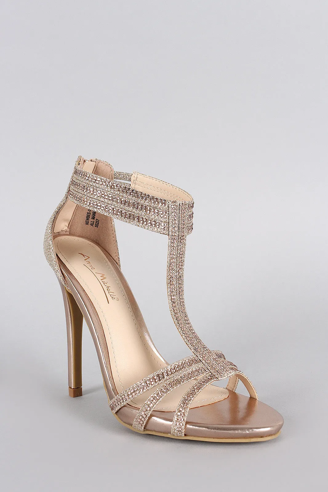 Anne Michelle Glitter Rhinestone T-Strap Stiletto Heel