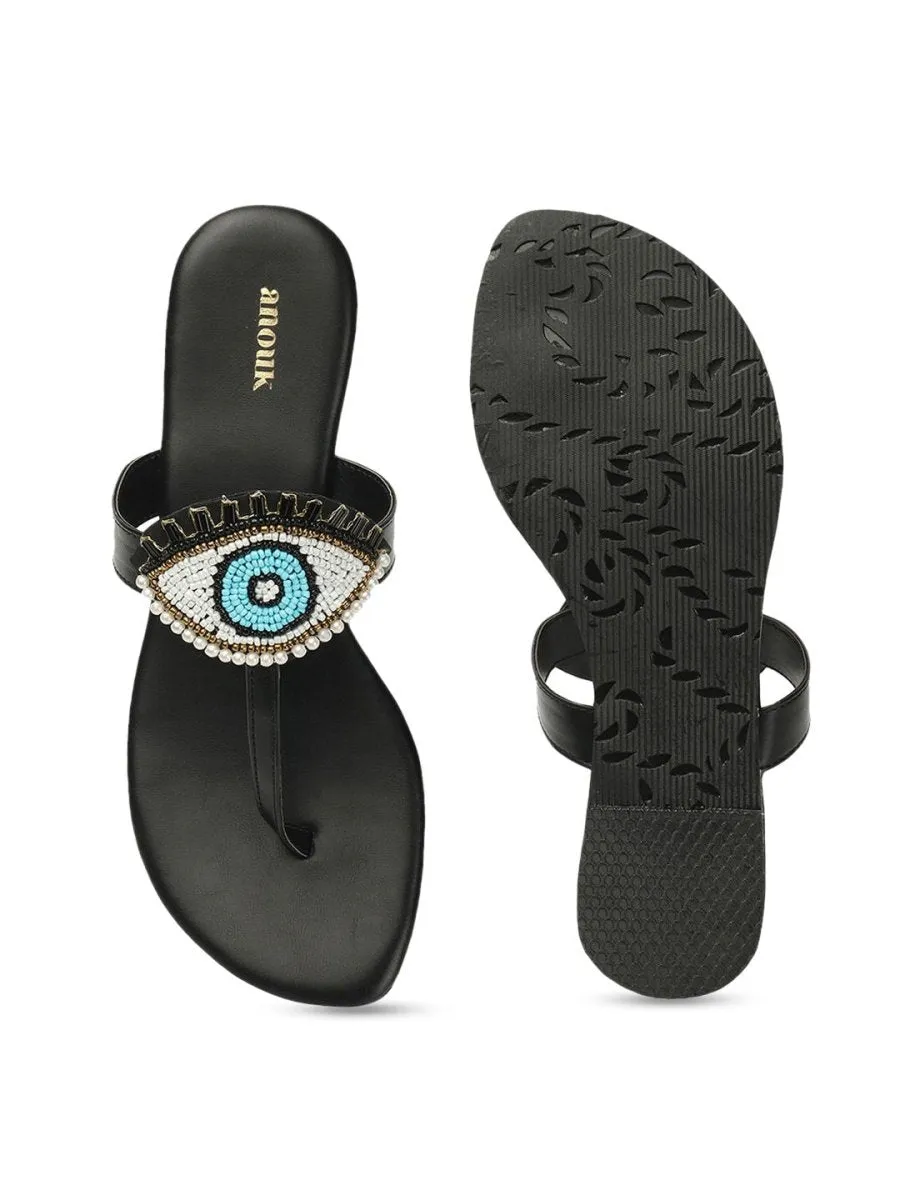 Anouk Black & Blue Evil Eye Embellished Classic T-Strap Flats