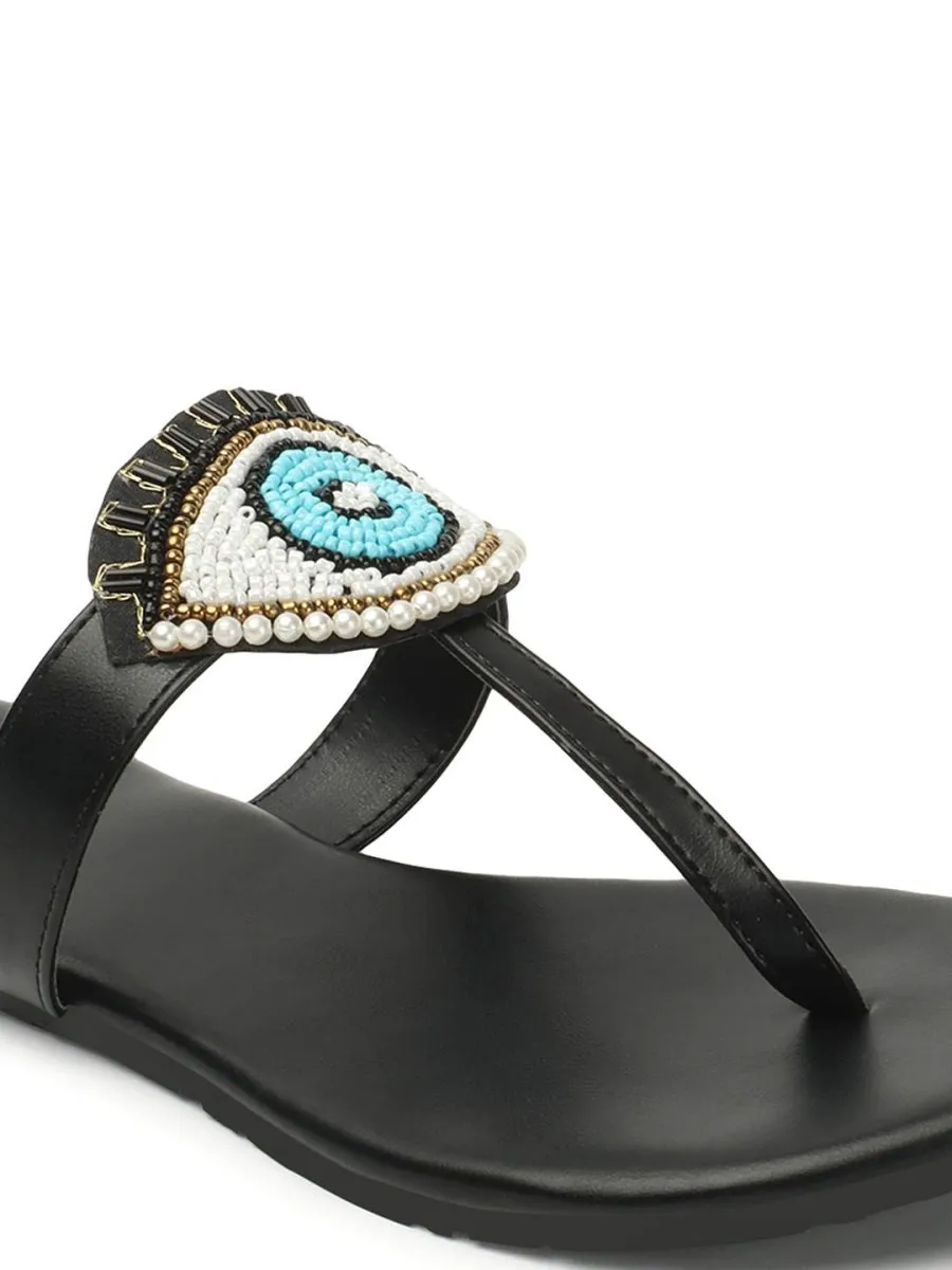 Anouk Black & Blue Evil Eye Embellished Classic T-Strap Flats