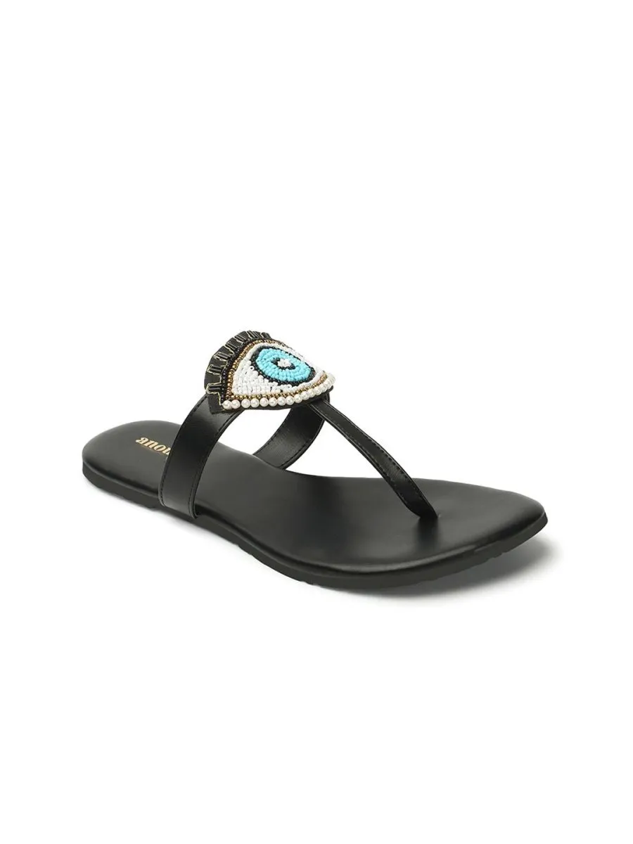 Anouk Black & Blue Evil Eye Embellished Classic T-Strap Flats