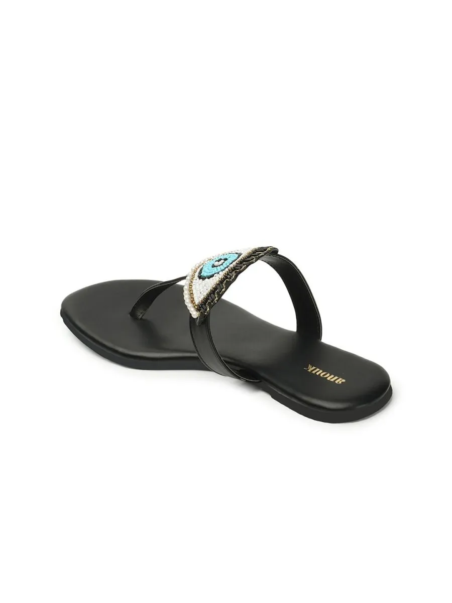 Anouk Black & Blue Evil Eye Embellished Classic T-Strap Flats