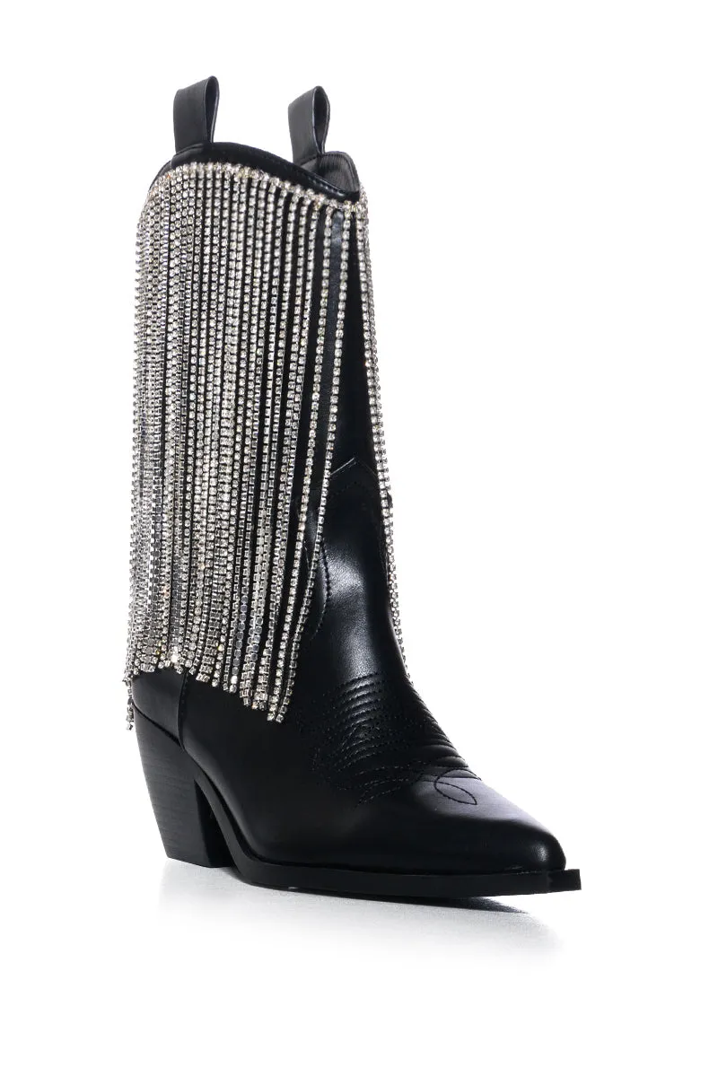 AZALEA WANG ALEXANDRITE FRINGE DRIP BLACK WESTERN BOOTIE