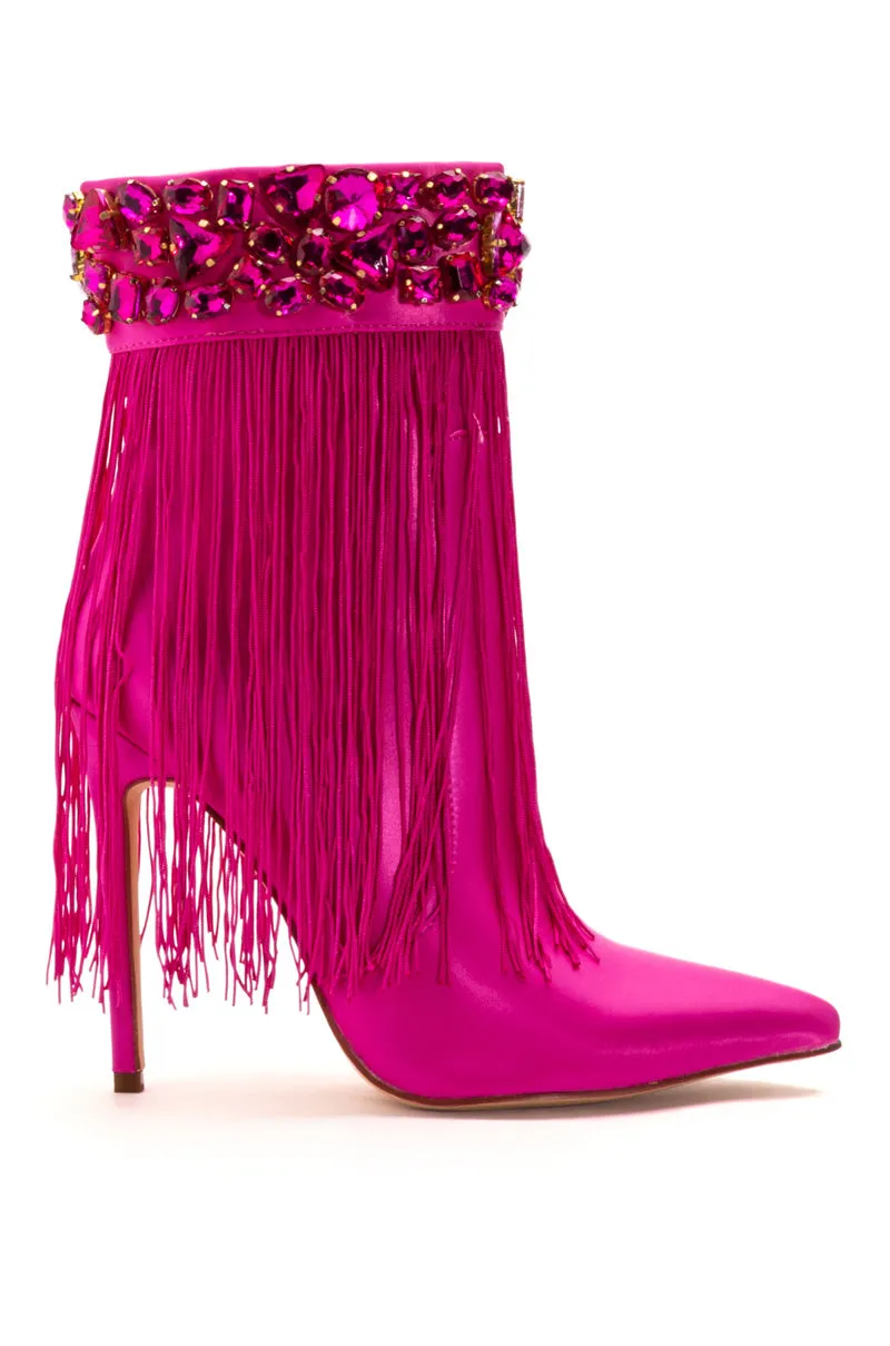 AZALEA WANG AVERI EMBELLISHED FRINGE BOOTIE IN PINK