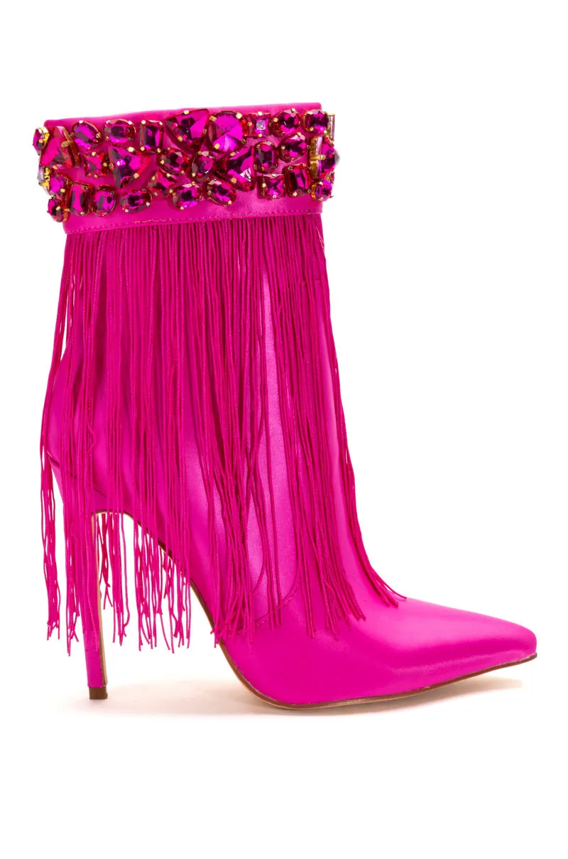 AZALEA WANG AVERI EMBELLISHED FRINGE BOOTIE IN PINK