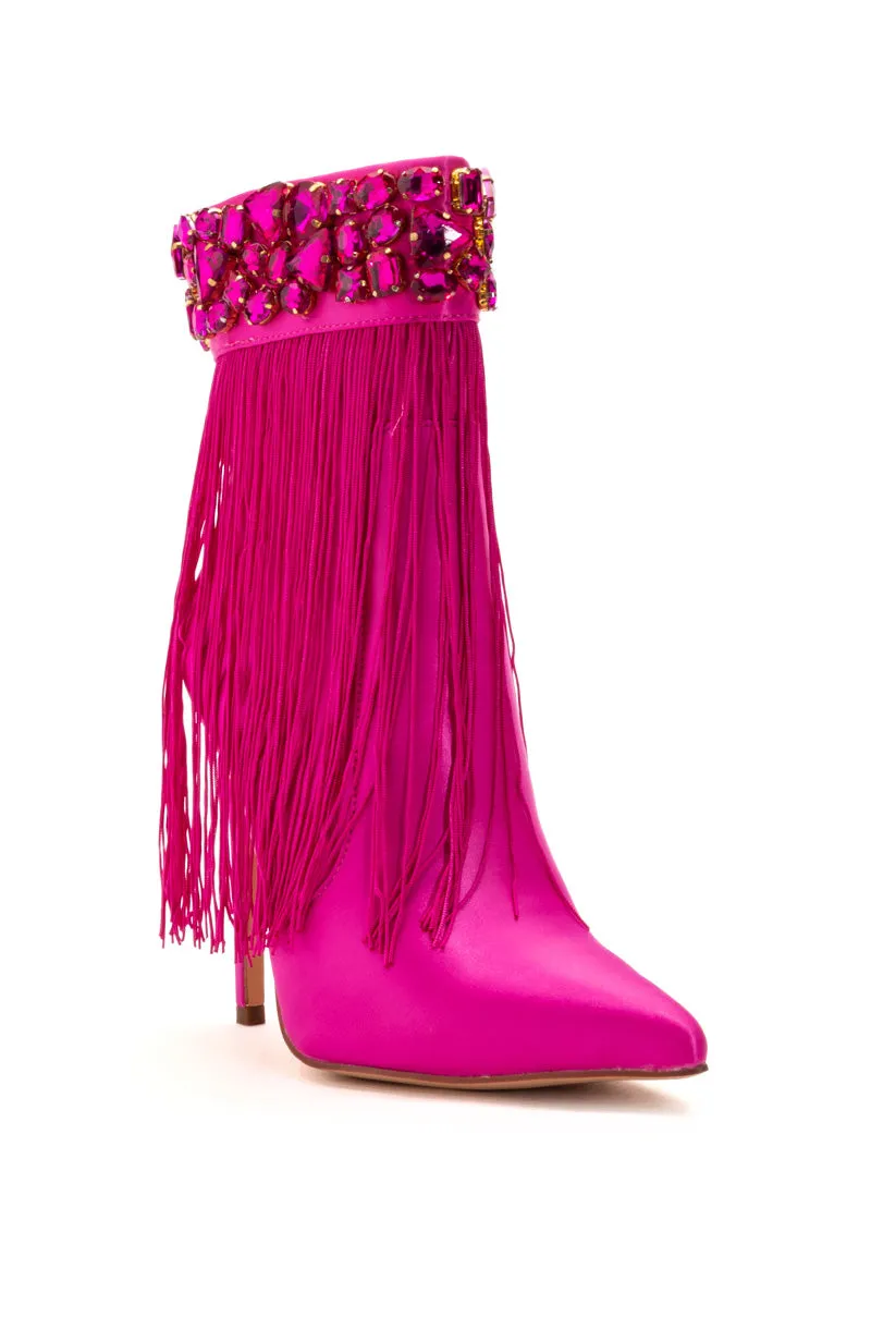 AZALEA WANG AVERI EMBELLISHED FRINGE BOOTIE IN PINK