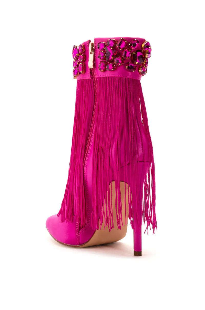 AZALEA WANG AVERI EMBELLISHED FRINGE BOOTIE IN PINK