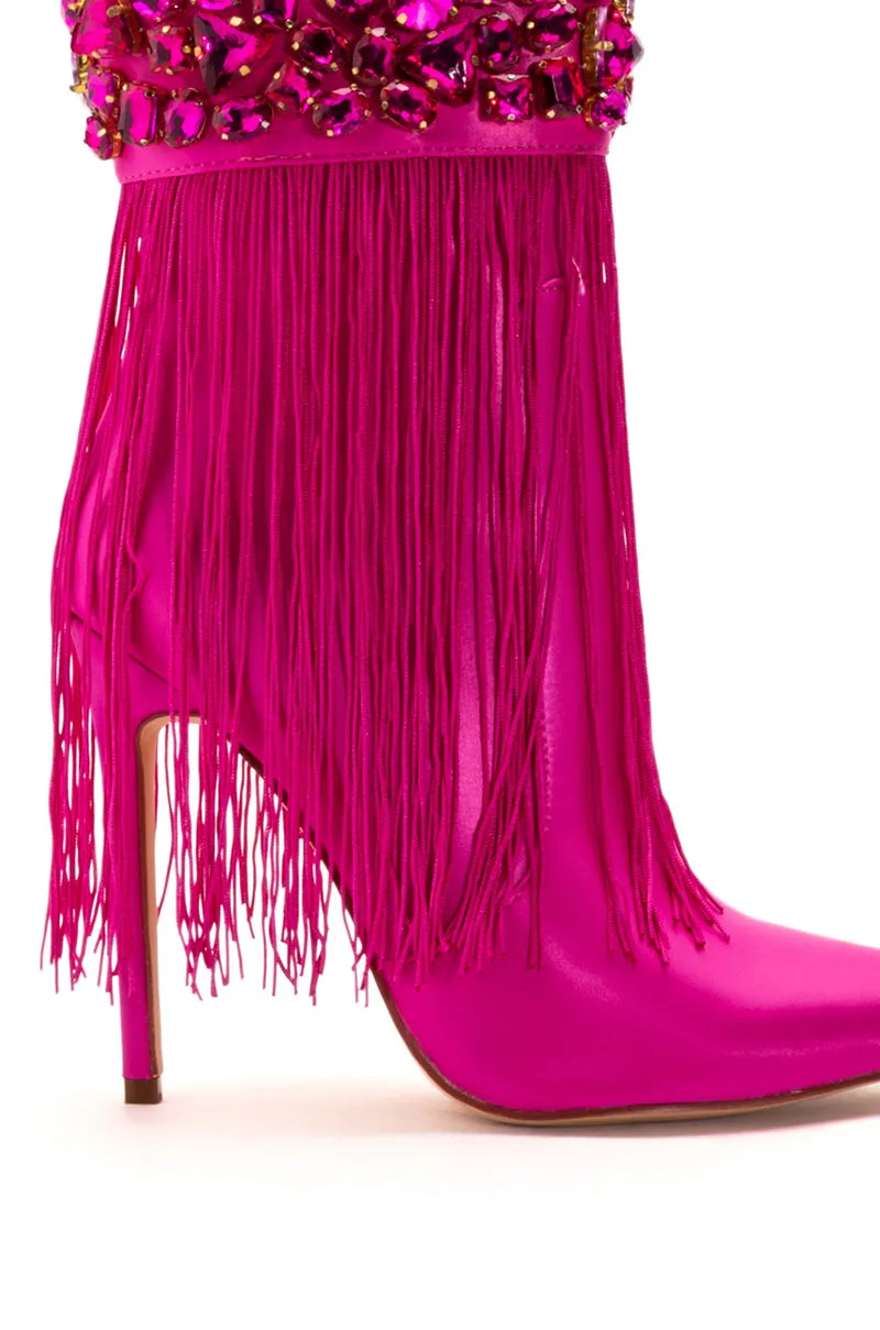 AZALEA WANG AVERI EMBELLISHED FRINGE BOOTIE IN PINK