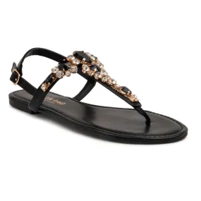 Black Embellished T-strap Flat