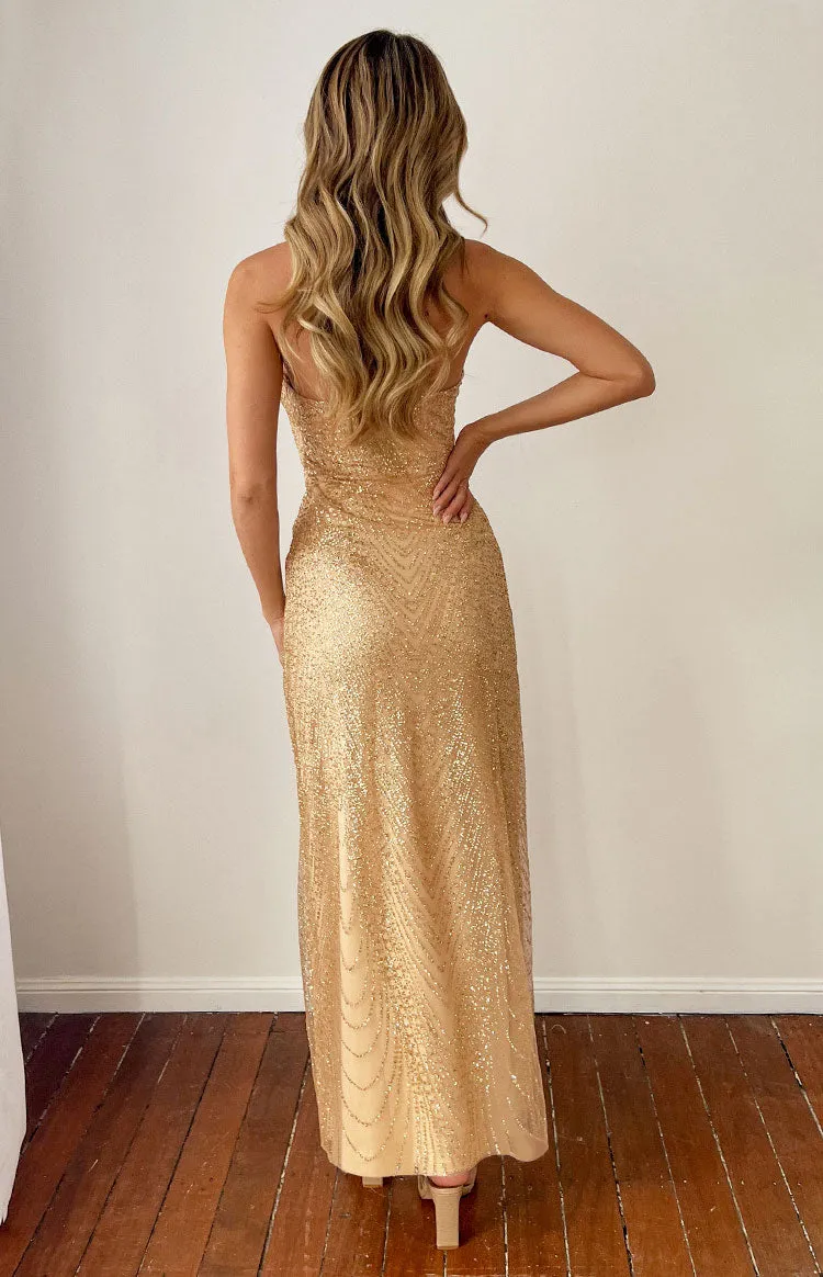 Chantel Gold Glitter Maxi Formal Dress