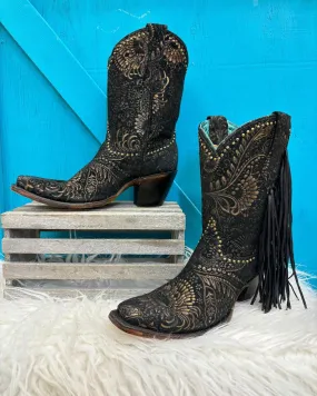 Corral Women's Black and Gold Stamped Floral Suede Square Toe Cowgirl Boots A4492