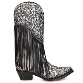 Crater Fringe Glitter Tooled Inlay Snip Toe Cowboy Boots