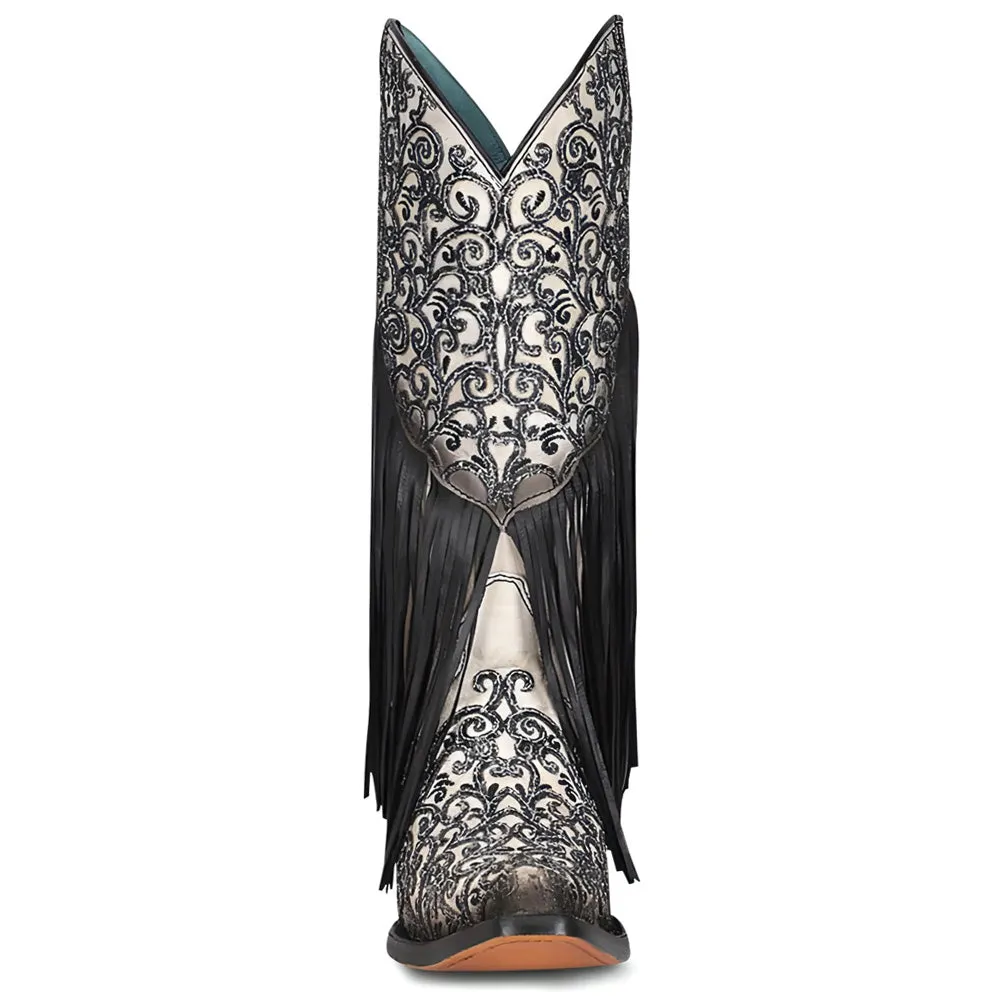 Crater Fringe Glitter Tooled Inlay Snip Toe Cowboy Boots