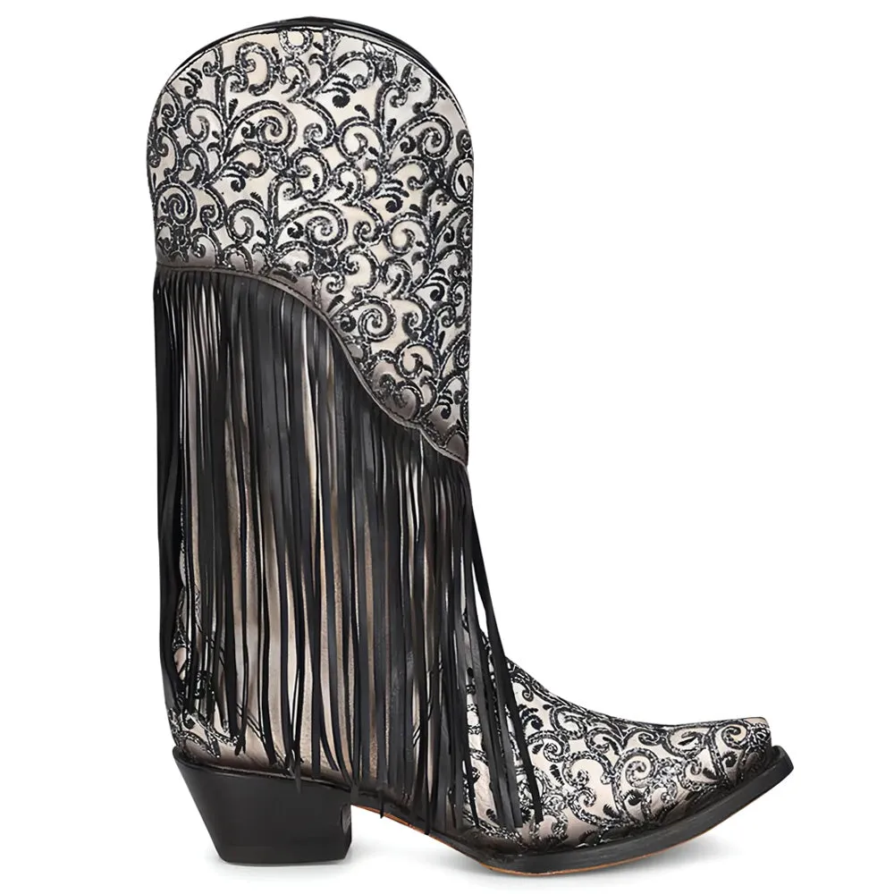 Crater Fringe Glitter Tooled Inlay Snip Toe Cowboy Boots