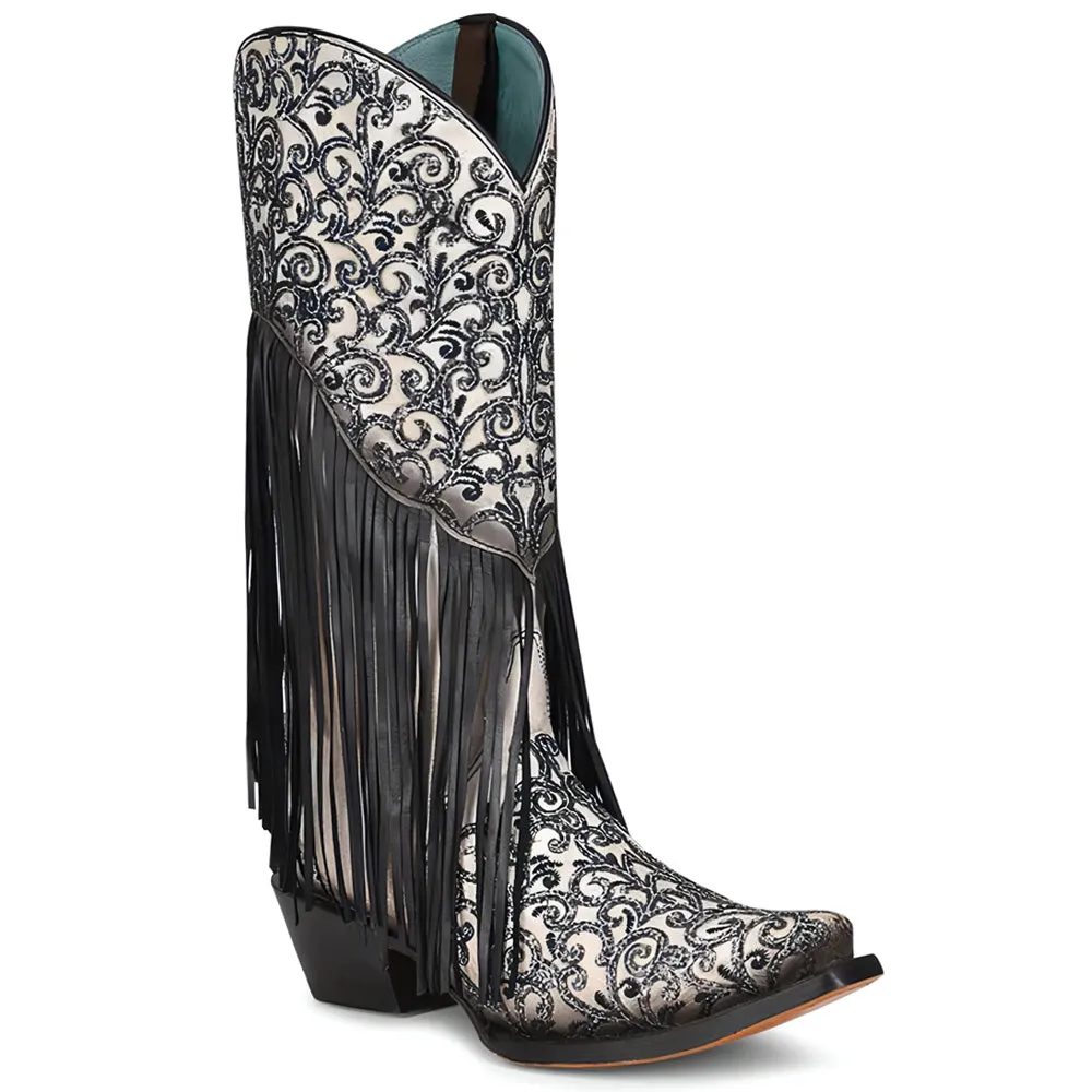 Crater Fringe Glitter Tooled Inlay Snip Toe Cowboy Boots