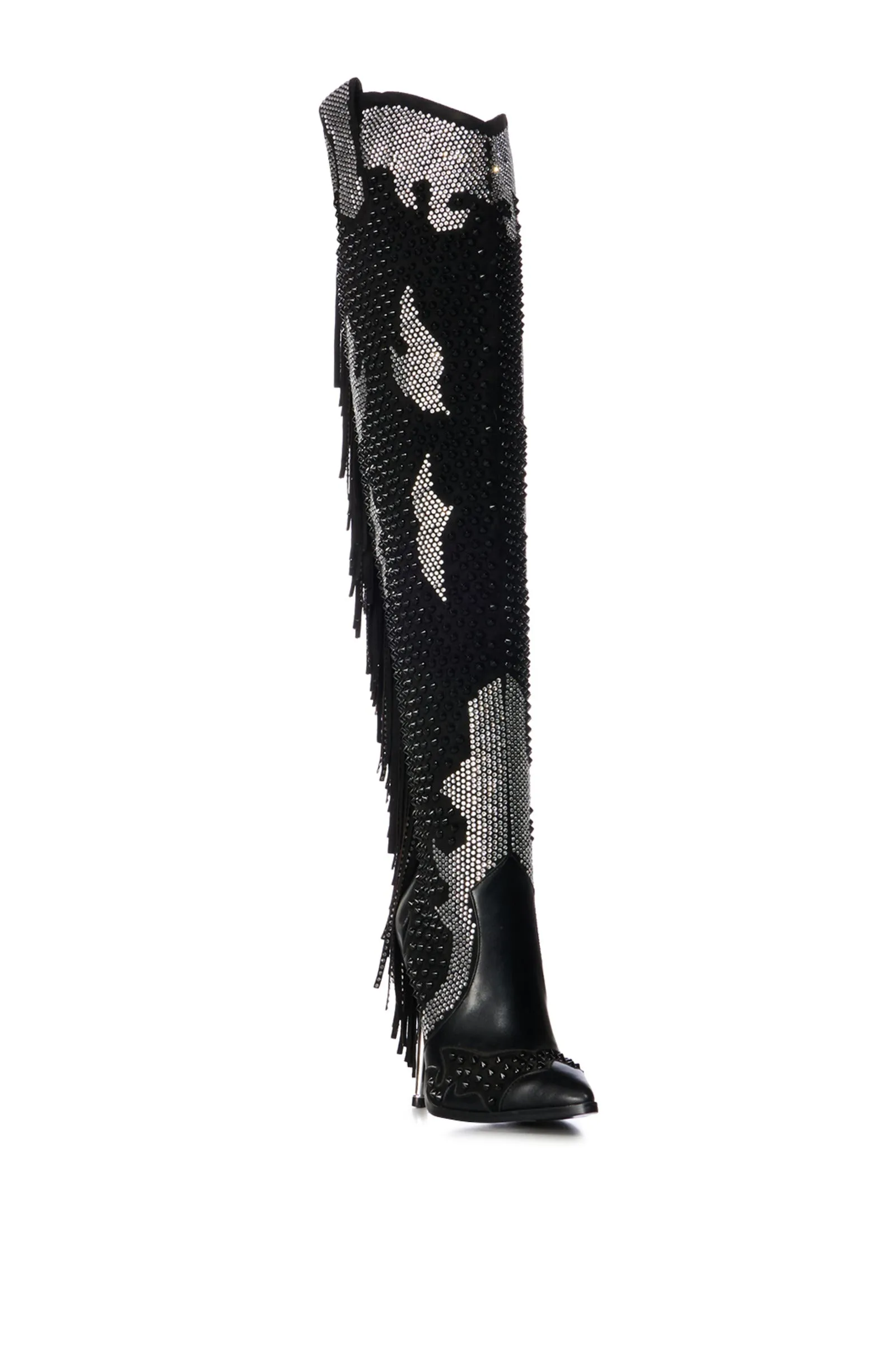 CREWE-BLACK FRINGE THIGH BOOT