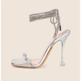 Crystal Embellishments and Transparent Straps New Arrival Women's Pointed-Toe Stiletto Sandals