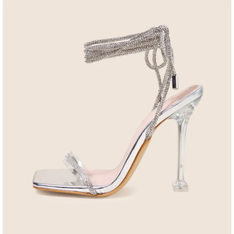 Crystal Embellishments and Transparent Straps New Arrival Women's Pointed-Toe Stiletto Sandals