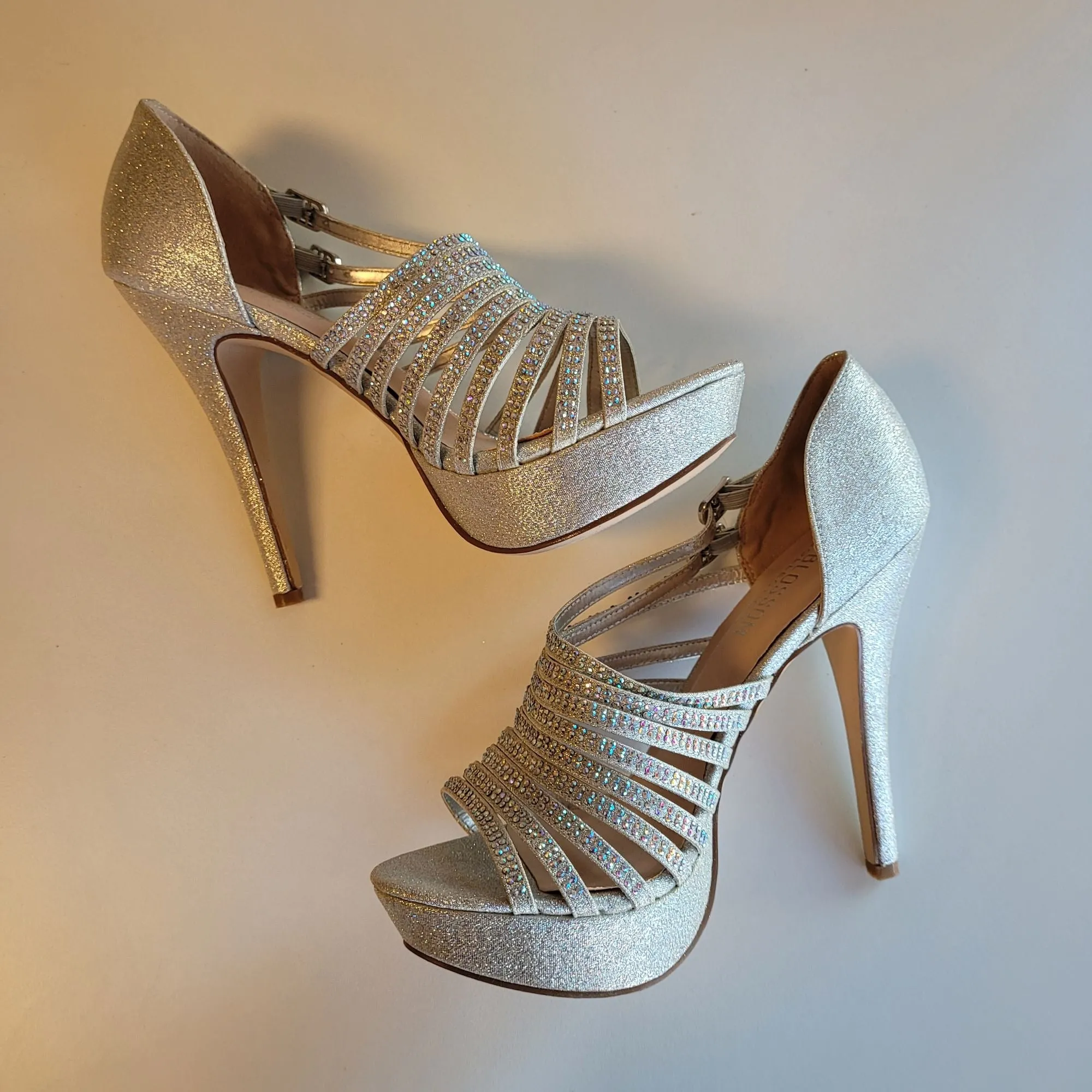 De Blossom Collection "Vice" Women's 7 Silver Glitter Open Toe Stiletto Heels