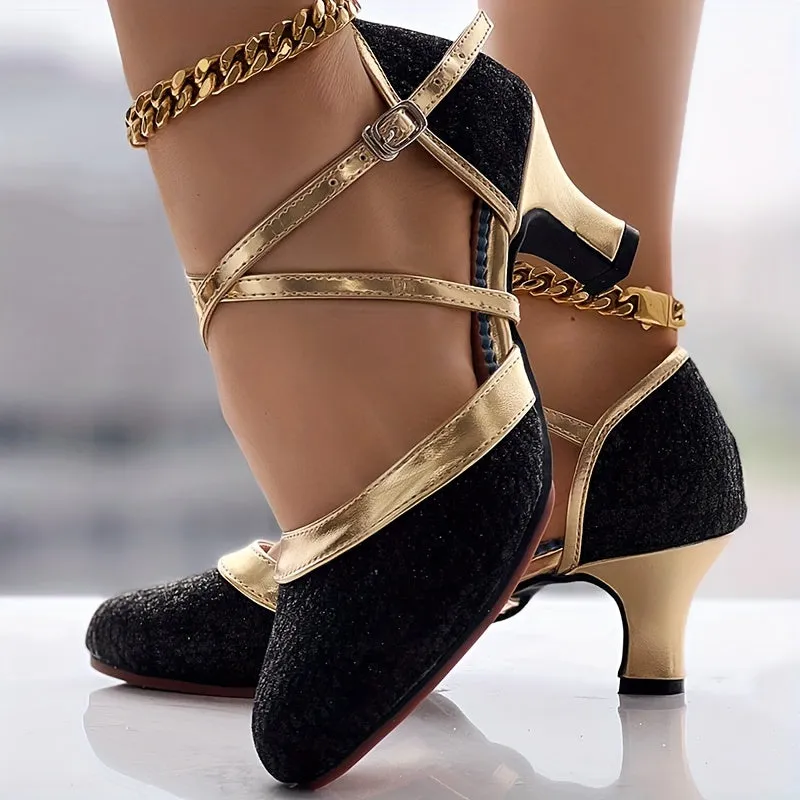 elveswallet Crisscross Buckle Strap Chunky Mid Heels Glitter D'Orsay Shoes