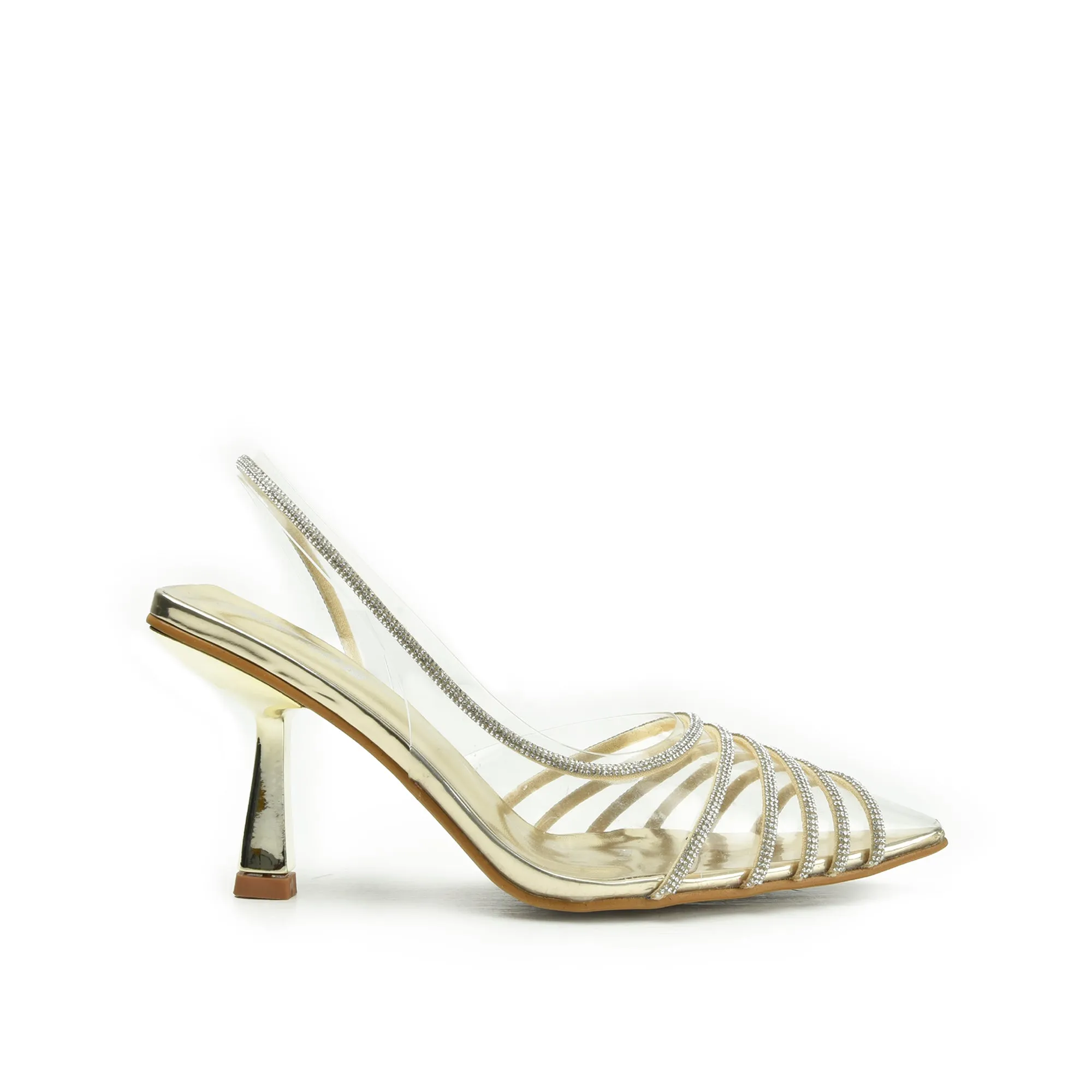 Glamorous Gold Transparent Slingback Heels | 433N-X