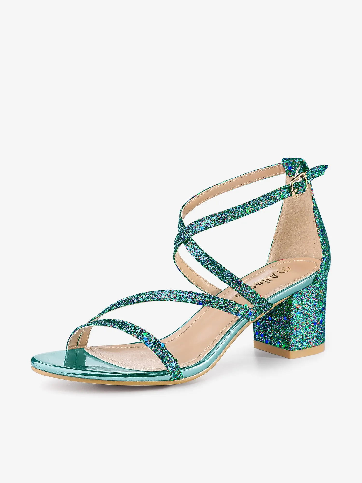 Glitter Crisscross Strap Chunky Heel Sandals