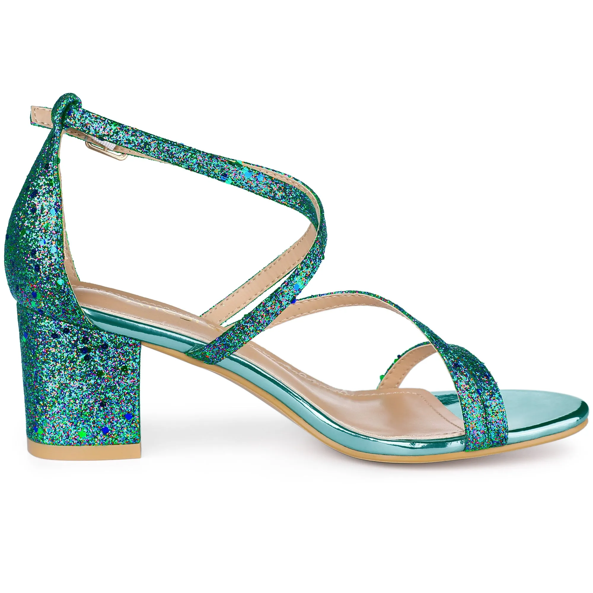 Glitter Crisscross Strap Chunky Heel Sandals