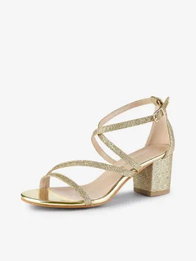 Glitter Crisscross Strap Chunky Heel Sandals