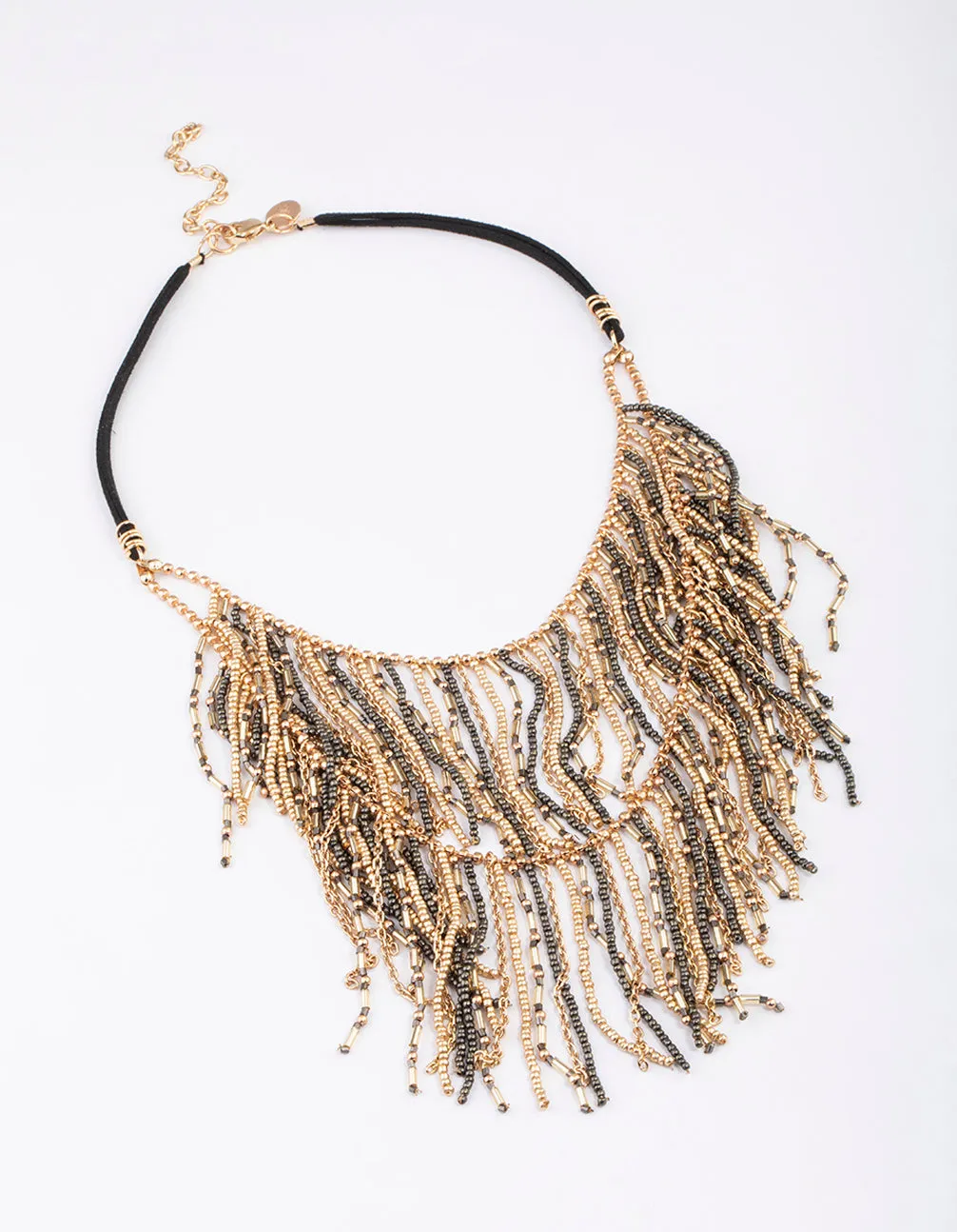 Gold Beaded Fringe Layered Necklace