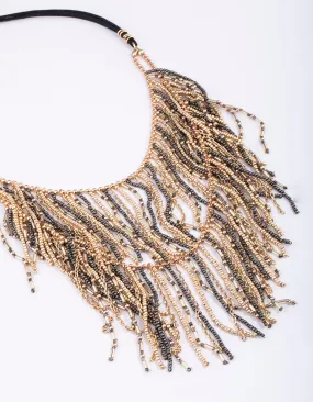 Gold Beaded Fringe Layered Necklace