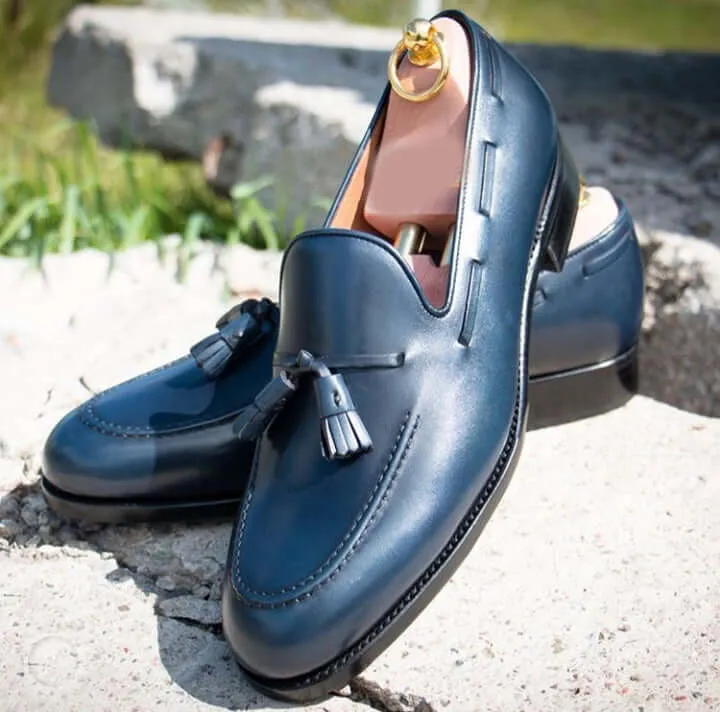 Handmade Men’s Blue Color Leather Shoes, Men Round Toe Slip On Dress Formal Tussle Loafers