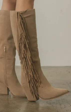 Khaki Bohemian Knee High Fringe Boots