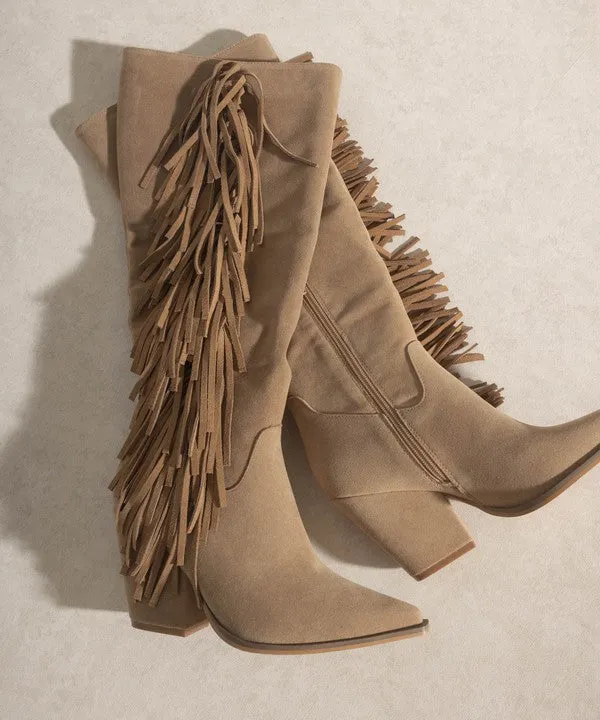 Khaki Bohemian Knee High Fringe Boots