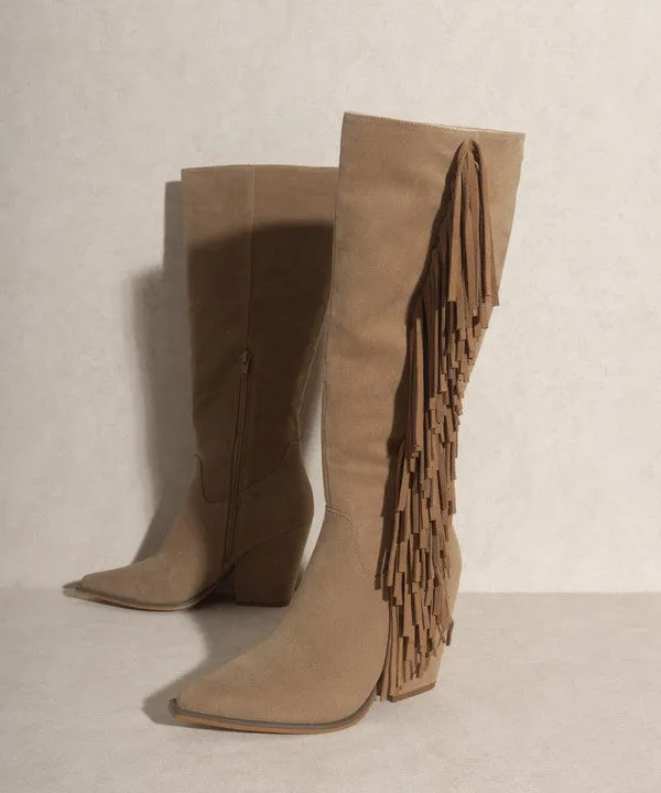 Khaki Bohemian Knee High Fringe Boots