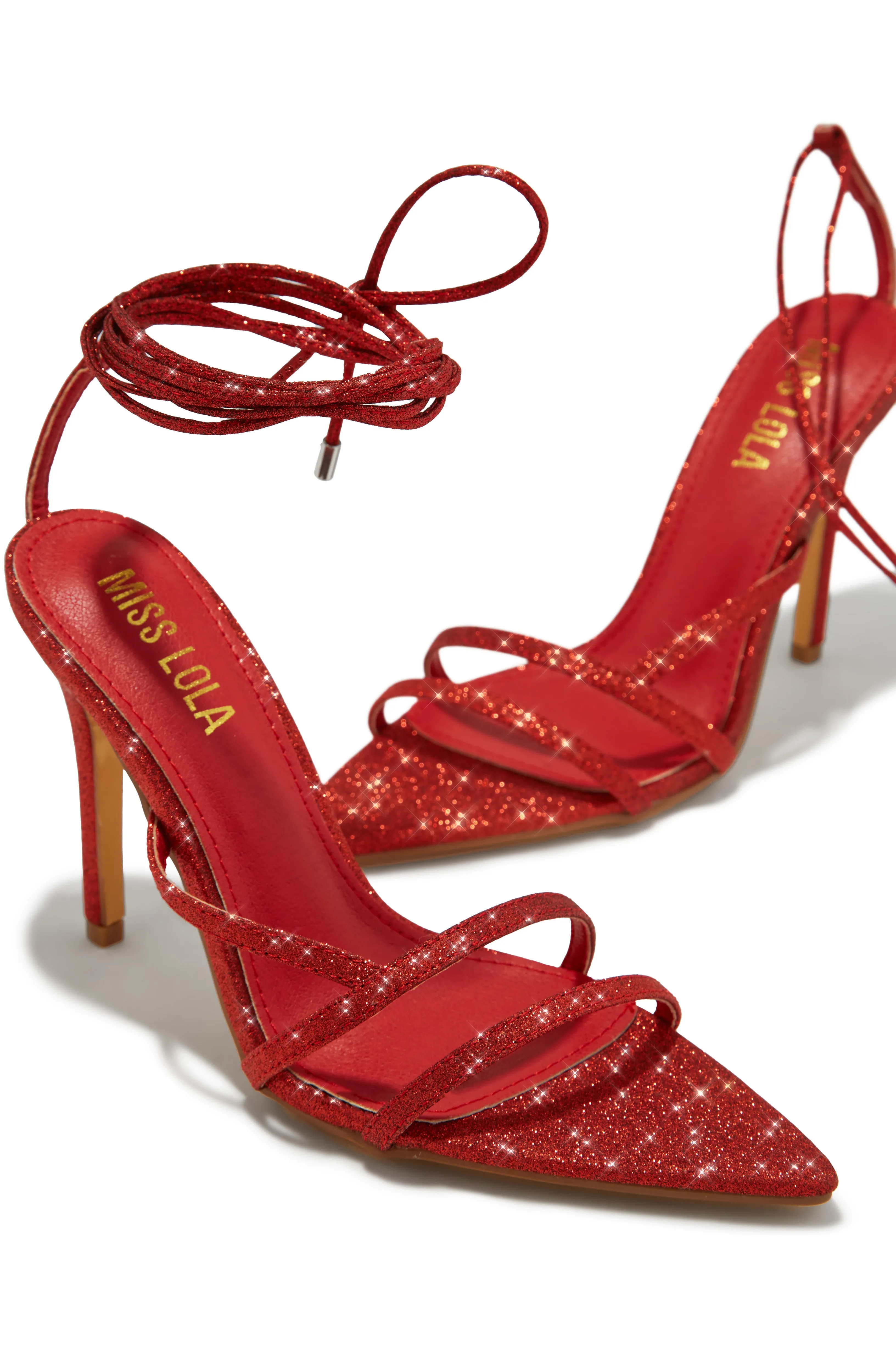 Kimana Glitter Lace Up Heels - Red