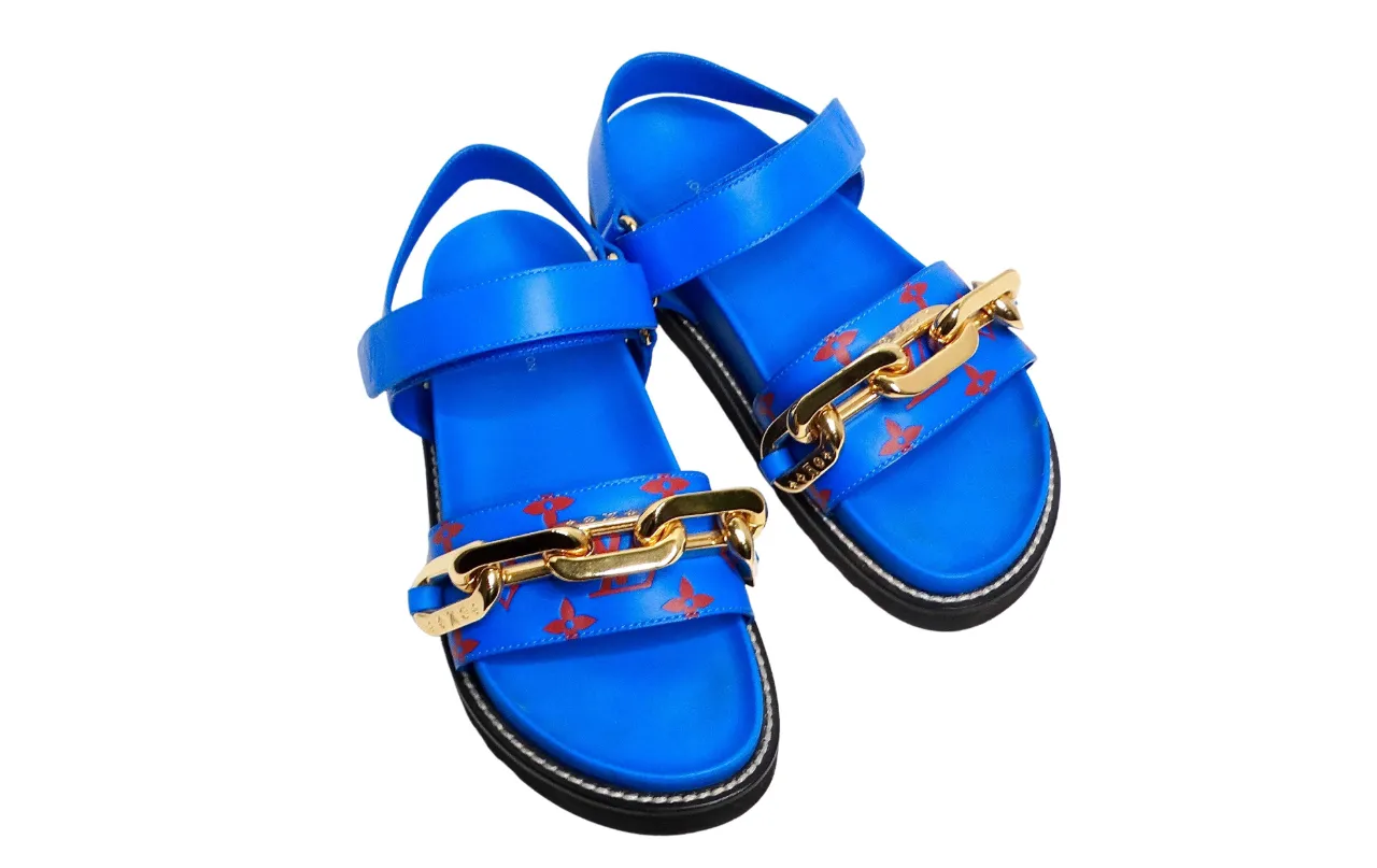 Louis Vuitton Monogram Chain Strap Blue & Red Leather Sandals