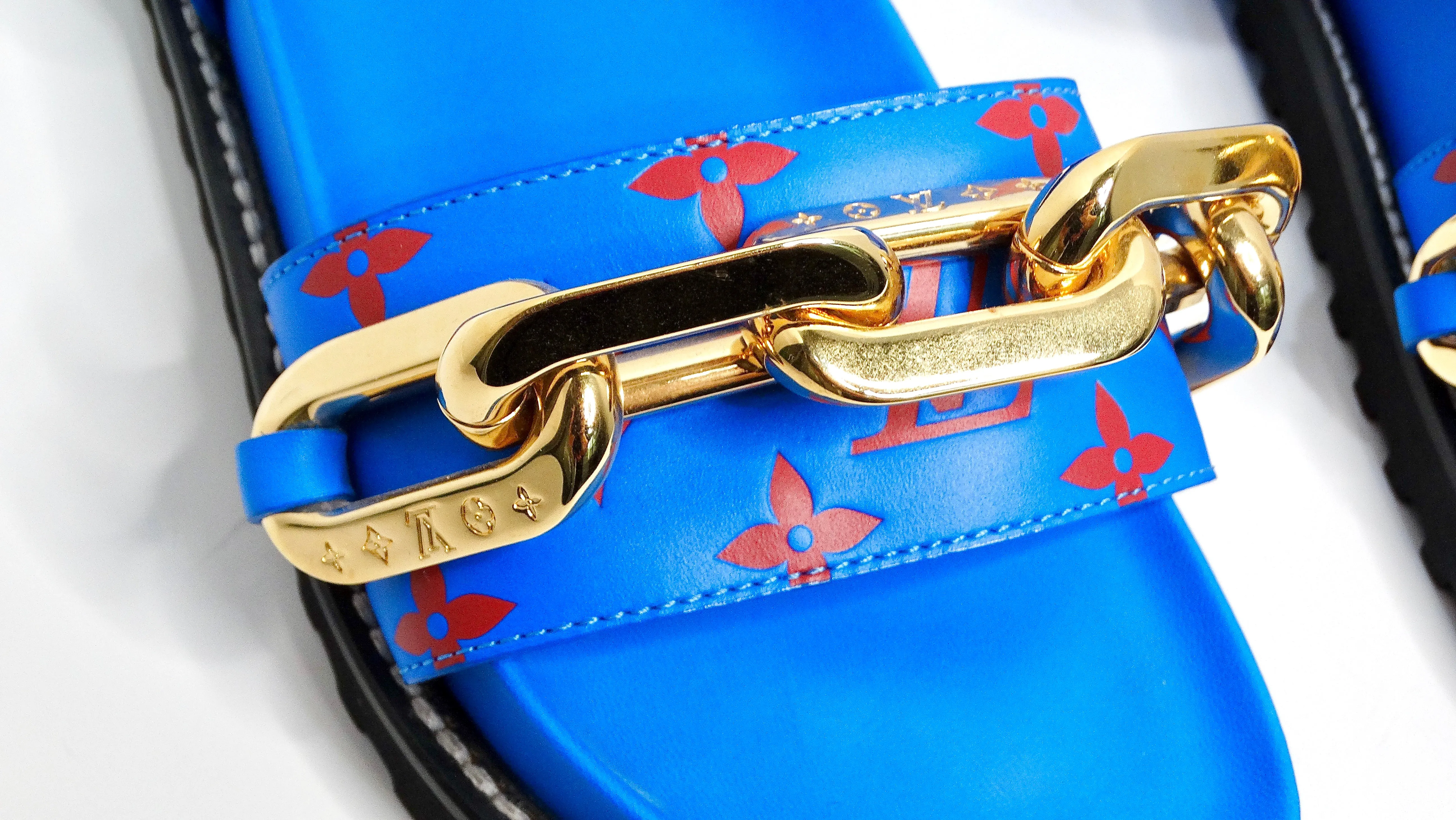 Louis Vuitton Monogram Chain Strap Blue & Red Leather Sandals