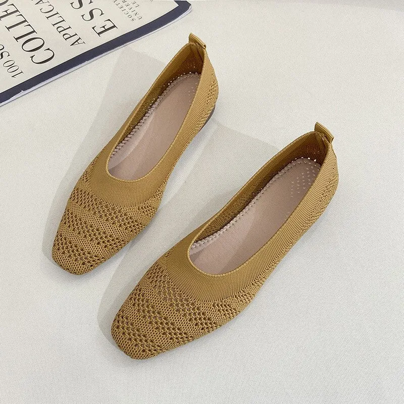 New Women's Square Toe Knitted Shoes 2022 Summer Fashion Ladies Shallow Mesh Flats Daily Work Slippers Loafers Girls Sandals