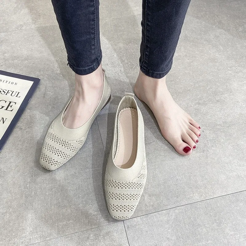 New Women's Square Toe Knitted Shoes 2022 Summer Fashion Ladies Shallow Mesh Flats Daily Work Slippers Loafers Girls Sandals