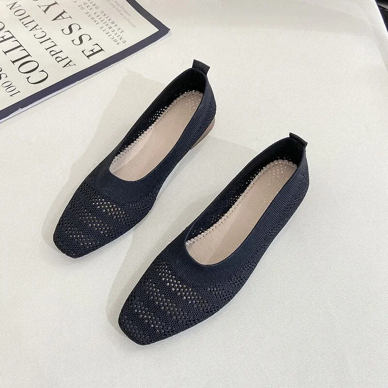 New Women's Square Toe Knitted Shoes 2022 Summer Fashion Ladies Shallow Mesh Flats Daily Work Slippers Loafers Girls Sandals