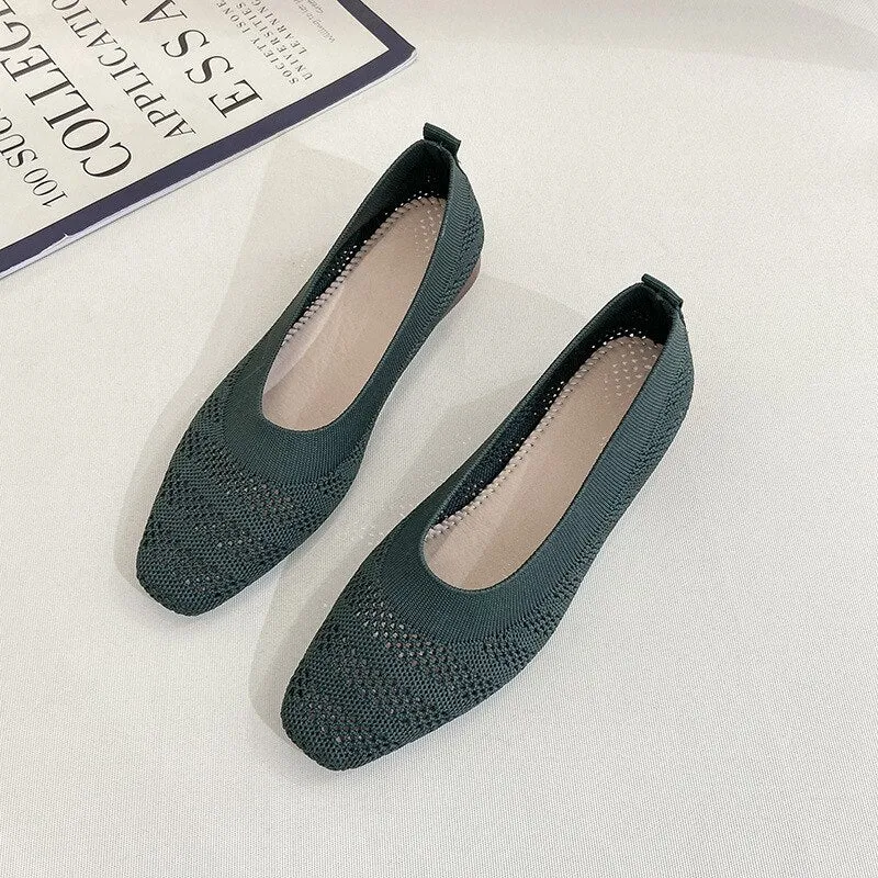 New Women's Square Toe Knitted Shoes 2022 Summer Fashion Ladies Shallow Mesh Flats Daily Work Slippers Loafers Girls Sandals