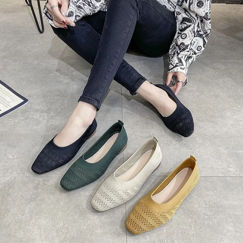 New Women's Square Toe Knitted Shoes 2022 Summer Fashion Ladies Shallow Mesh Flats Daily Work Slippers Loafers Girls Sandals