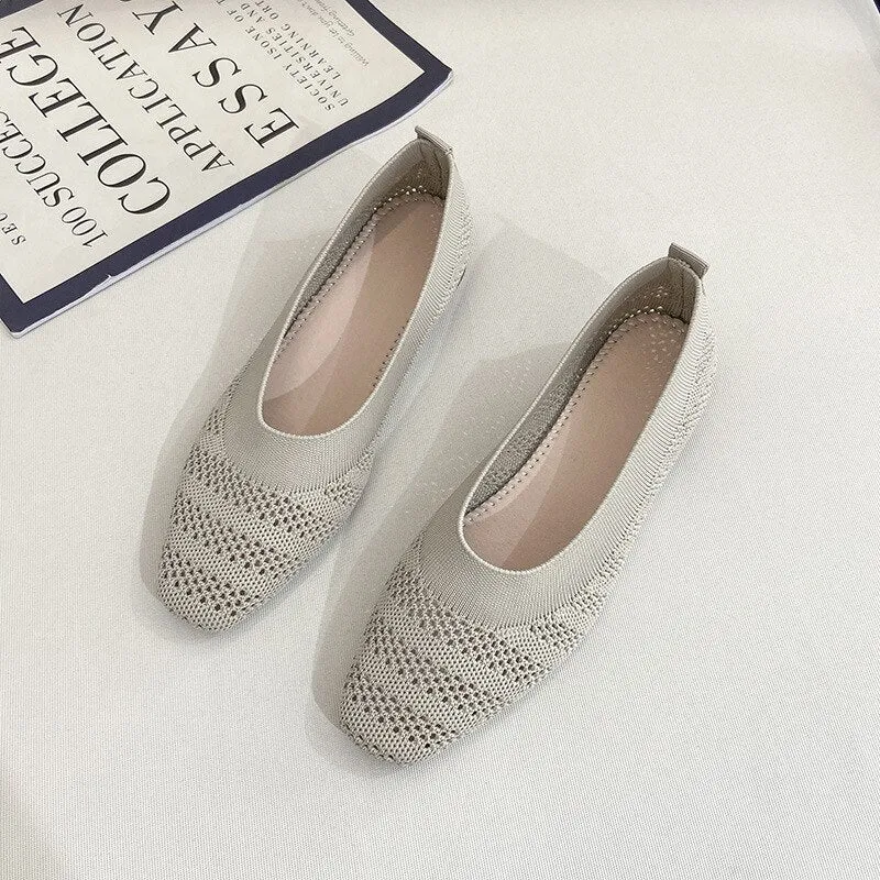 New Women's Square Toe Knitted Shoes 2022 Summer Fashion Ladies Shallow Mesh Flats Daily Work Slippers Loafers Girls Sandals