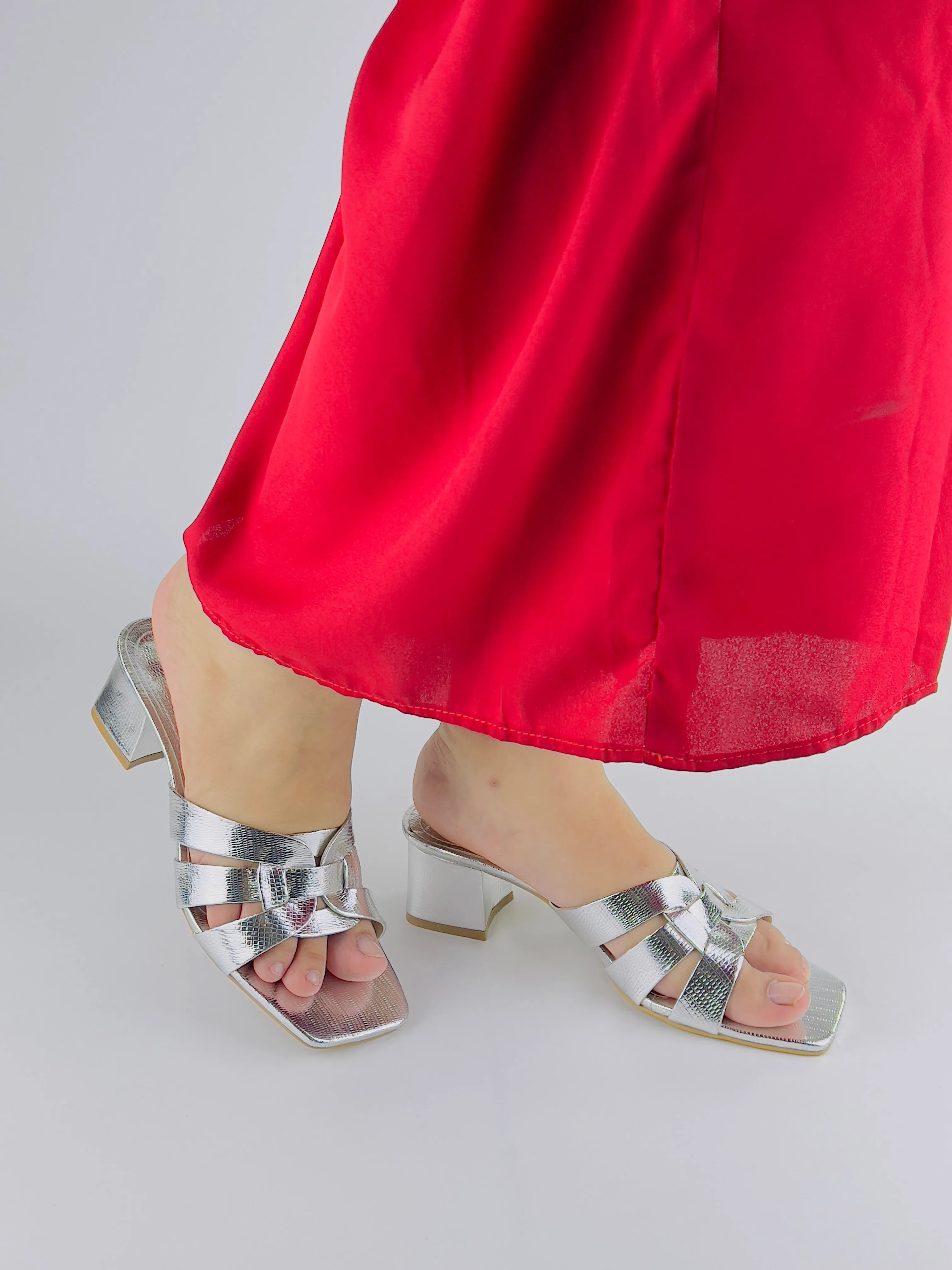 Spunkz Silver Criss-Cross Crocs Leather Block Heel Sandals