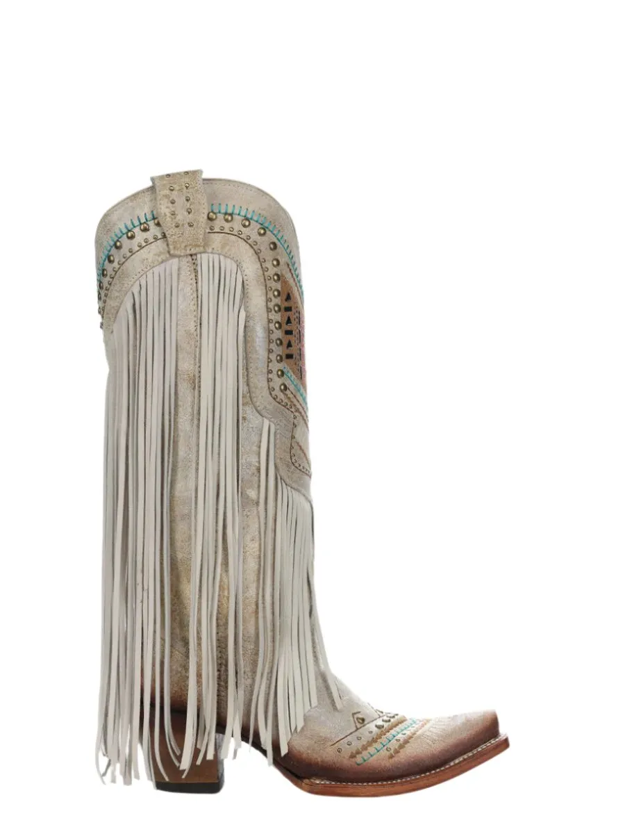 Women's Embroidery & Fringe Snip Toe Bone Cowgirl Boots by Corral